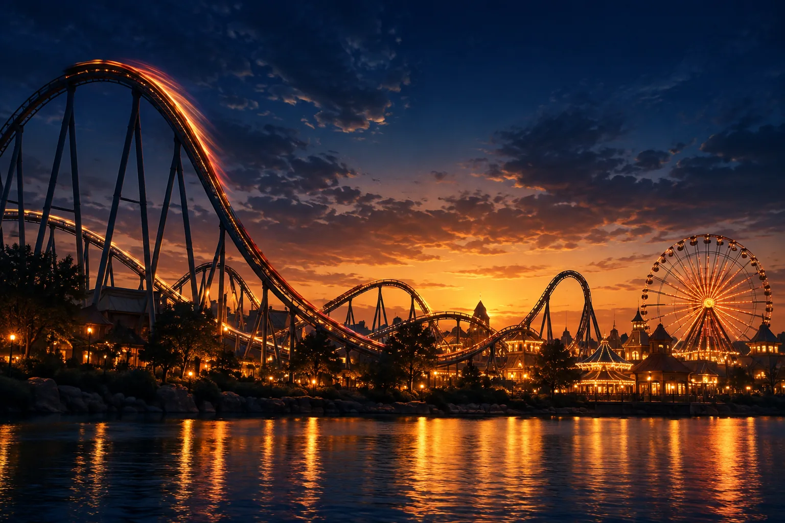 Illustrated roller coaster lift hill and drop against a sunset sky