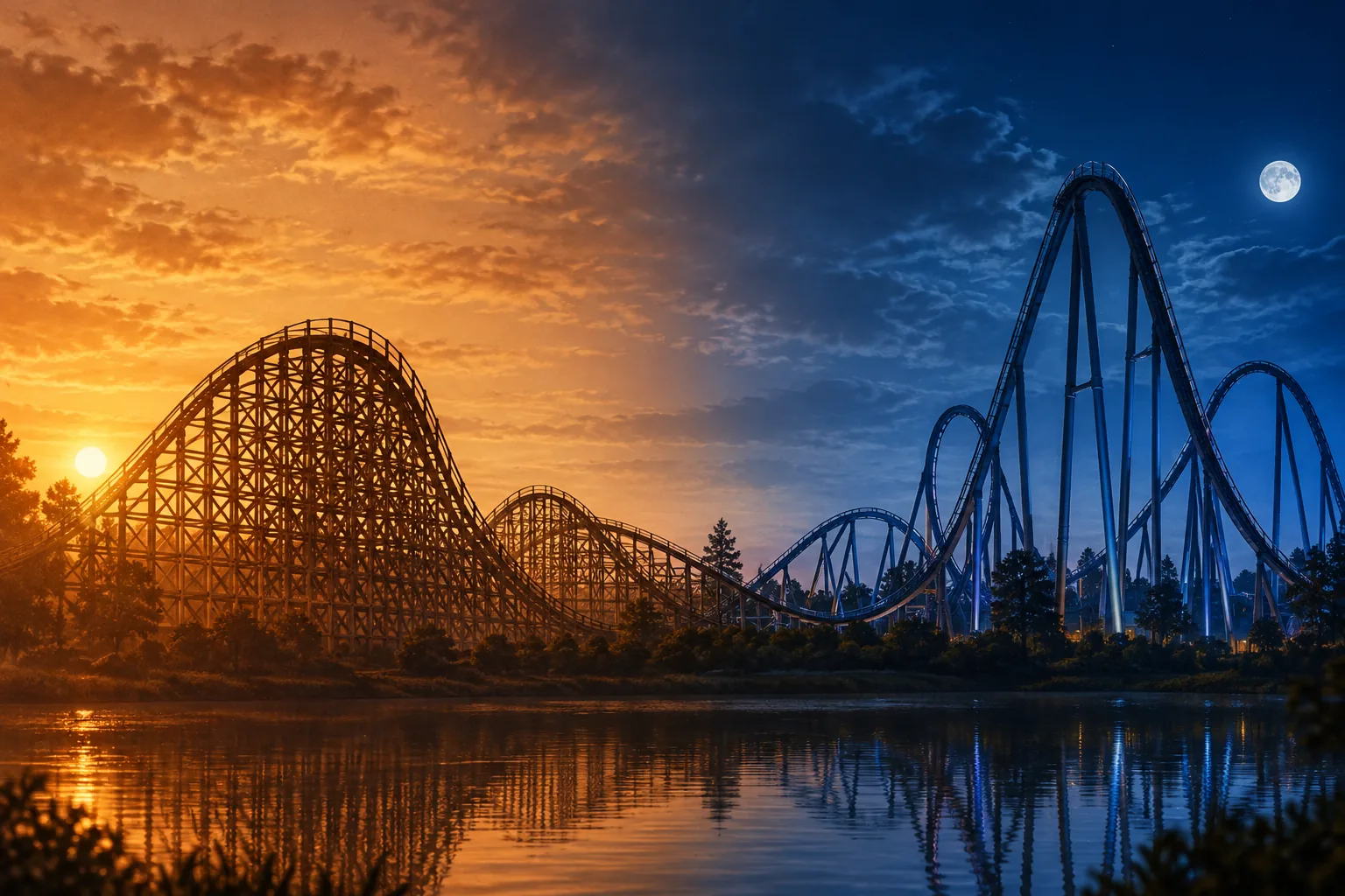 Illustrated timeline of roller coasters from different eras