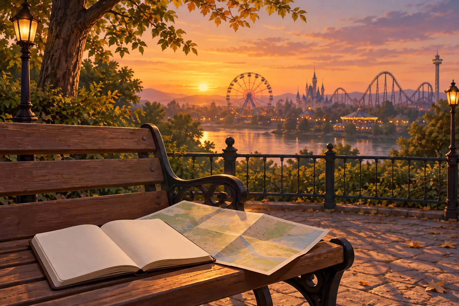 Illustrated open notebook beside a roller coaster silhouette