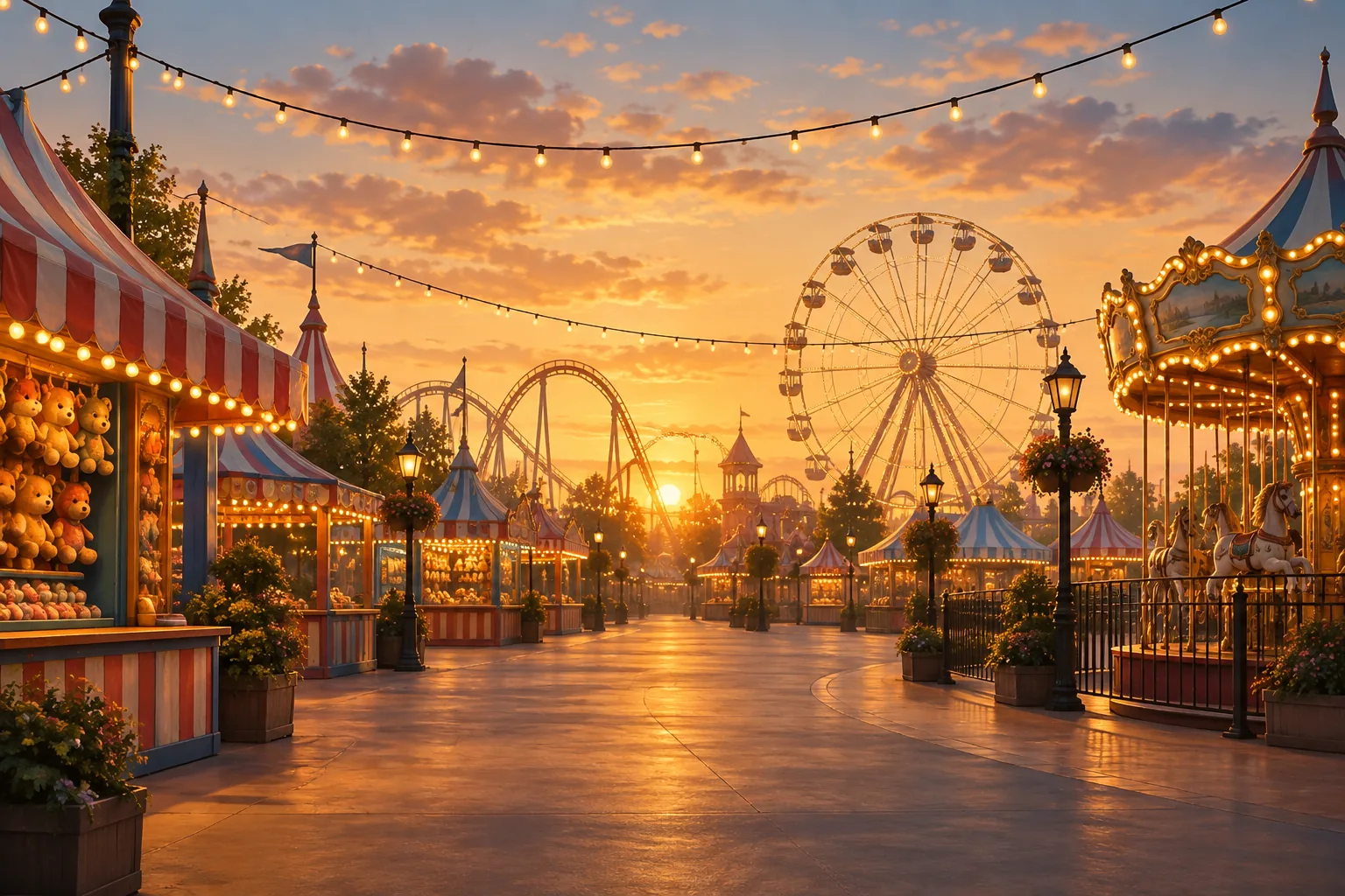 Illustrated theme park midway with a roller coaster in the distance