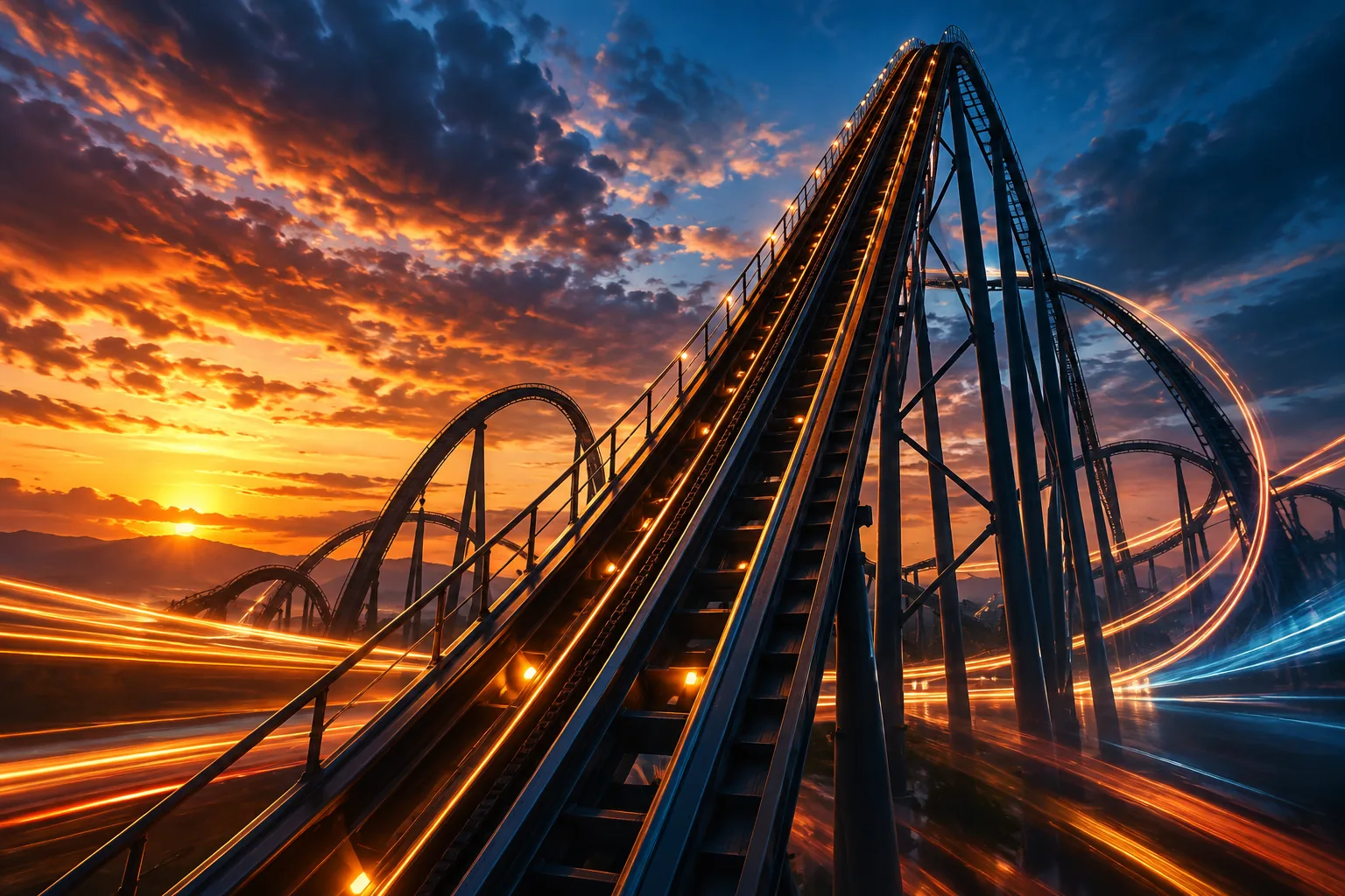 Illustrated roller coaster racing upward on a steep lift hill