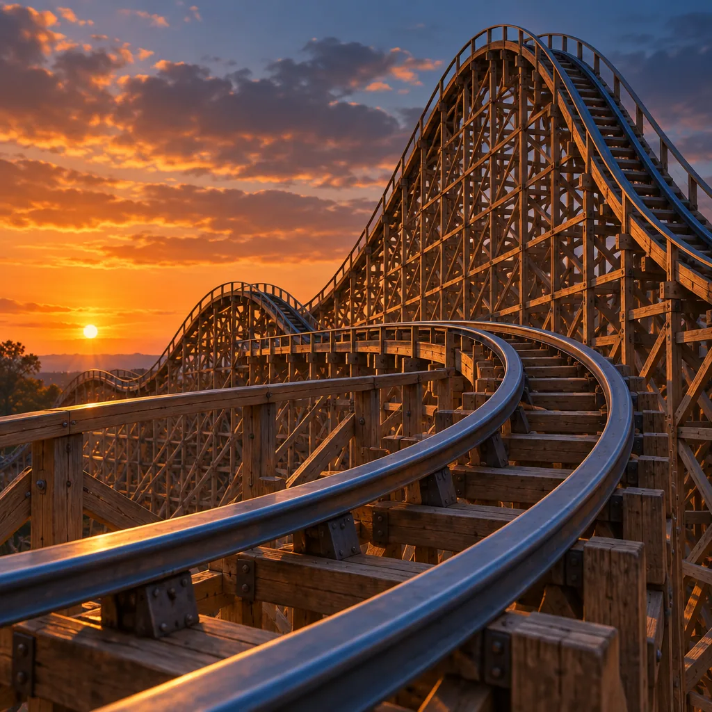 Close-up of hybrid steel-on-wood roller coaster track