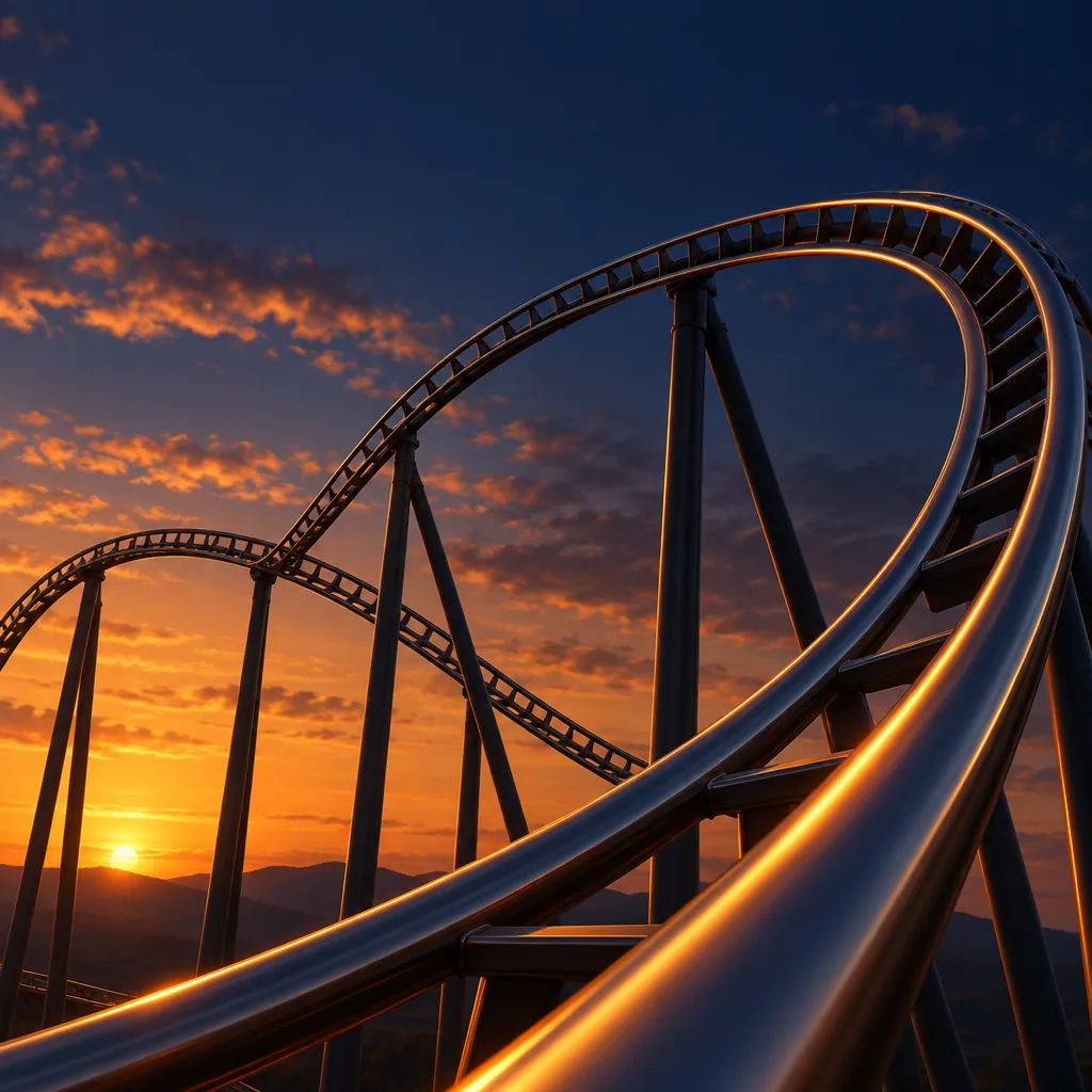 Close-up of steel roller coaster track and support rails
