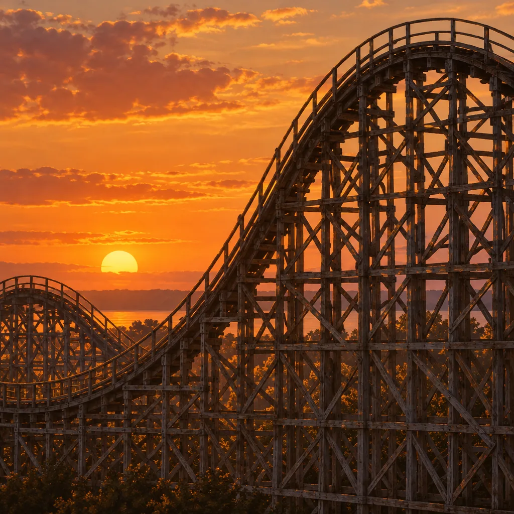 Close-up of wooden roller coaster track and support lattice