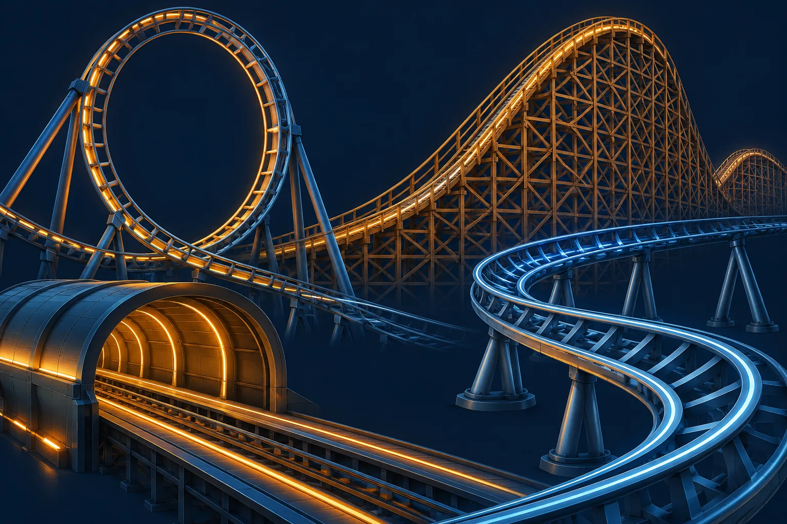 Illustrated collage of steel and wooden roller coaster track styles